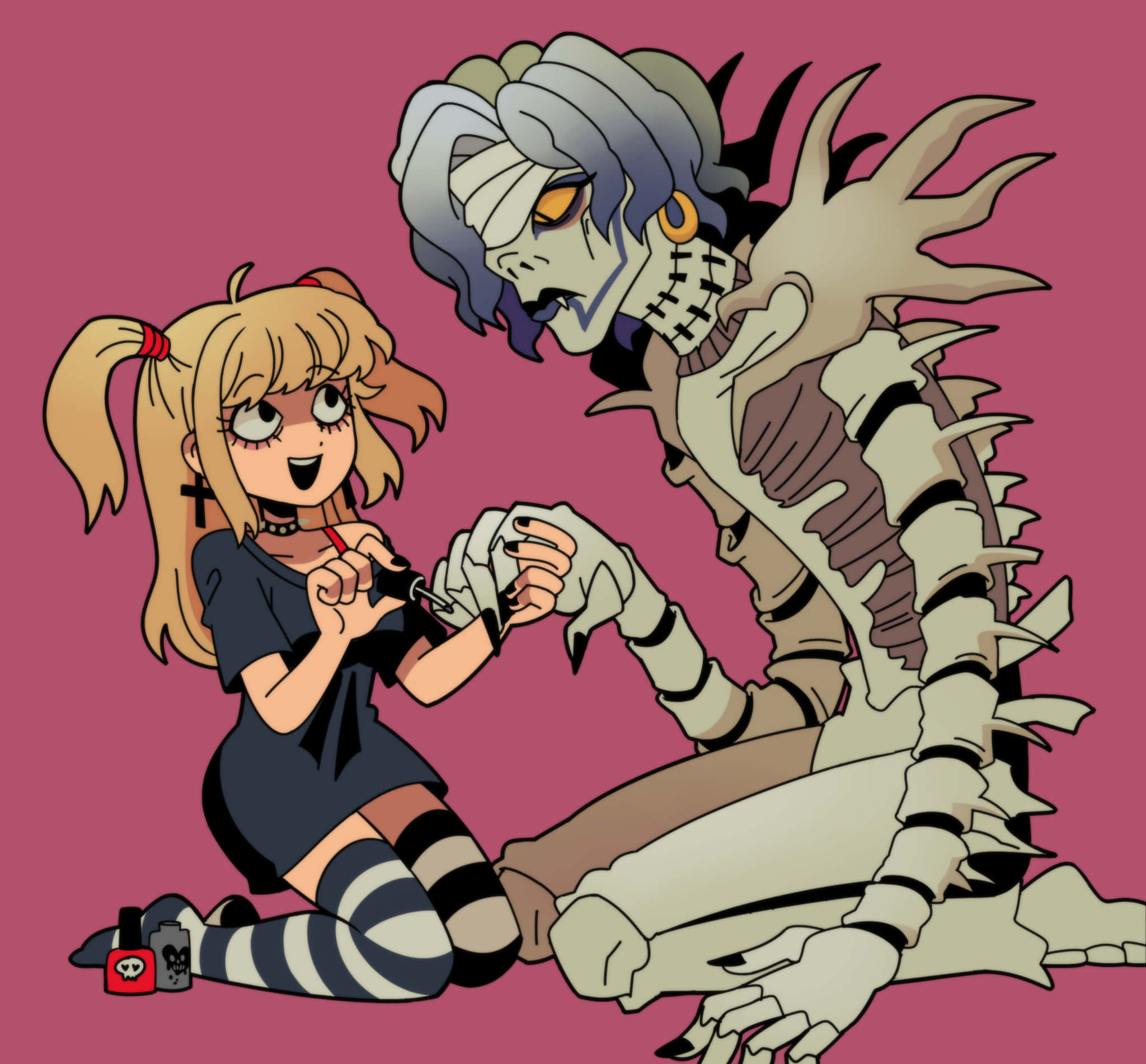 Death Note Rem 桌布 壁紙 — 一個紮著雙馬尾的開朗動畫女孩在純粉紅色背景上為骷髏怪物塗指甲油。