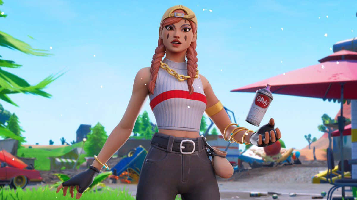 Fortnite 桌布 壁紙 — 一個紮辮、手持噴漆罐的《要塞英雄》角色，站在色彩繽紛的戶外場景中，周圍散落著車輛和雨傘。