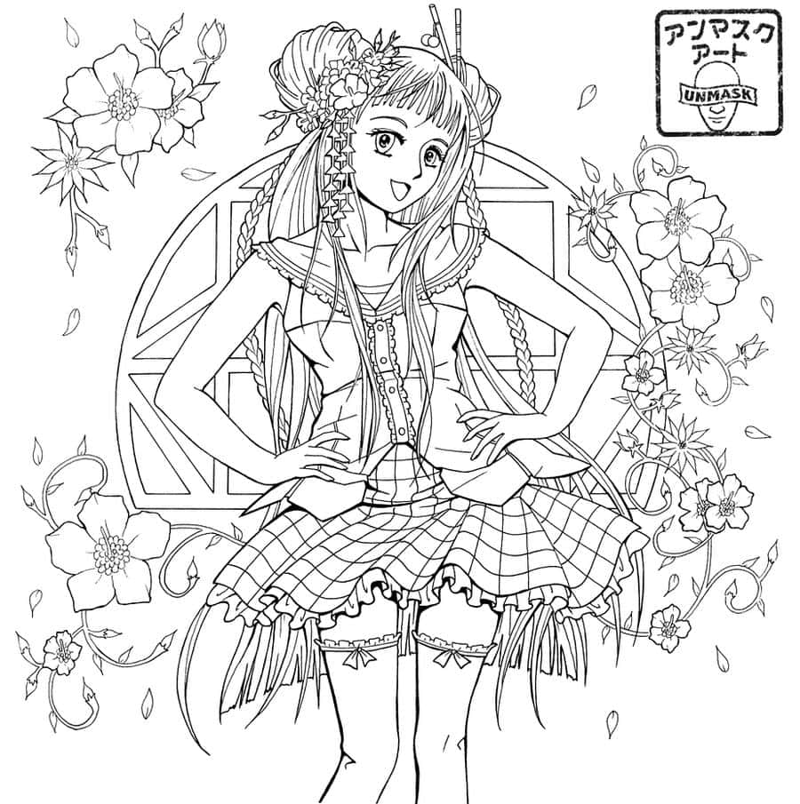 Anime Coloring 桌布 壁紙 — 一個紮辮子、戴花冠的開心動漫女孩，自信地站在細節豐富的線稿插圖中，周圍盛開著花朵。