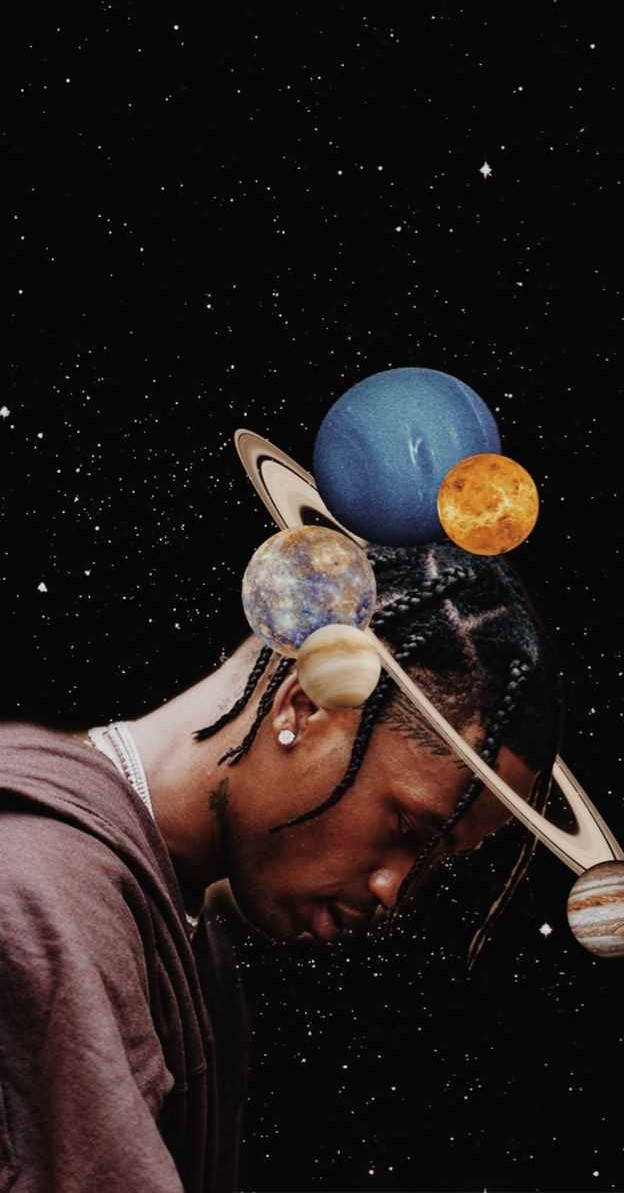 Astroworld 桌布 壁紙 — 一個紮辮子的人，頭頂上有行星和星星漂浮在宇宙夜空背景下。