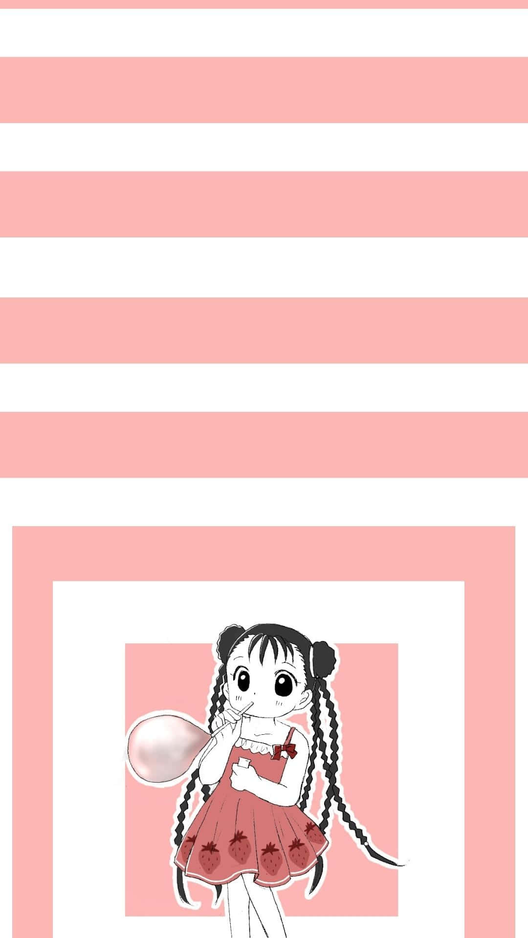 May Chang 桌布 壁紙 — 一個紮辮子的可愛動漫女孩在粉紅和白色條紋背景前吹泡泡糖。