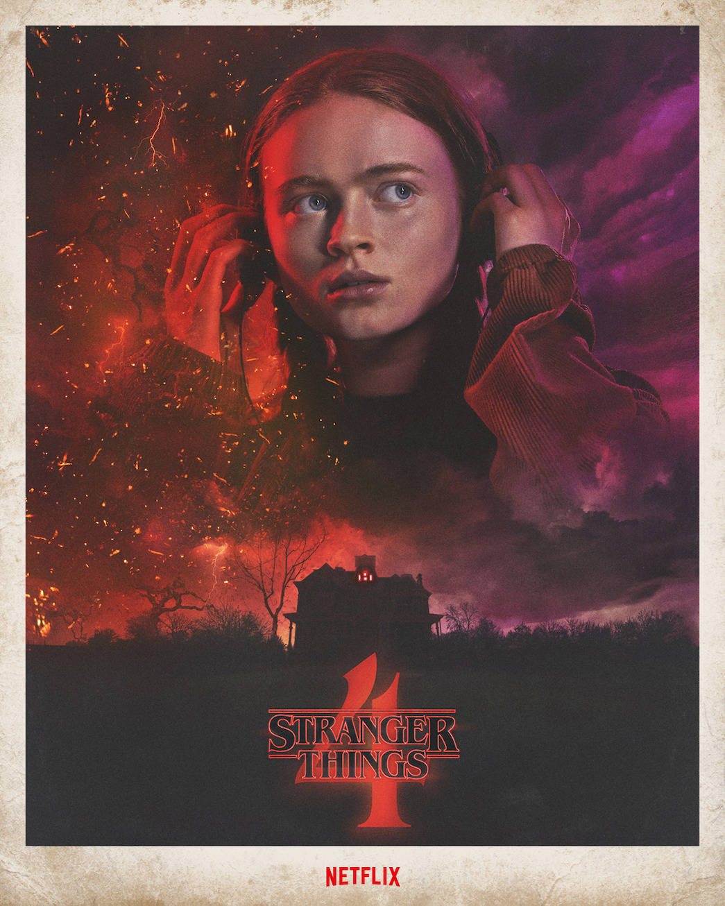 Stranger Things 4 桌布 壁紙 — 一個紮辮子的女孩拿著耳機，火熱的火花在暴風雨的紫色天空中，在鬼屋上方爆炸。