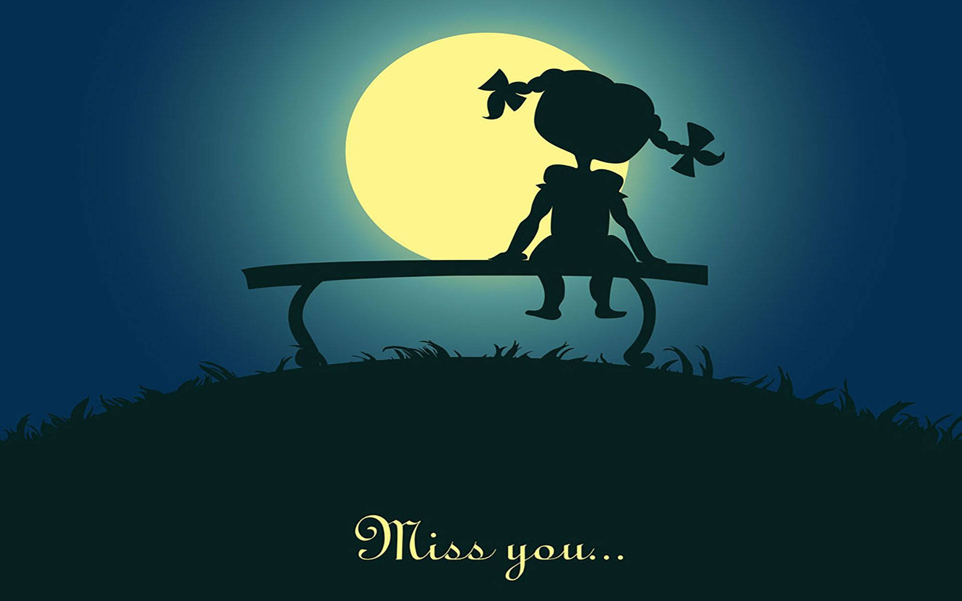 Missing 桌布 壁紙 — 一個紮辮子的小孩剪影獨自坐在長椅上，背景是深藍色夜空中的一輪明亮滿月。