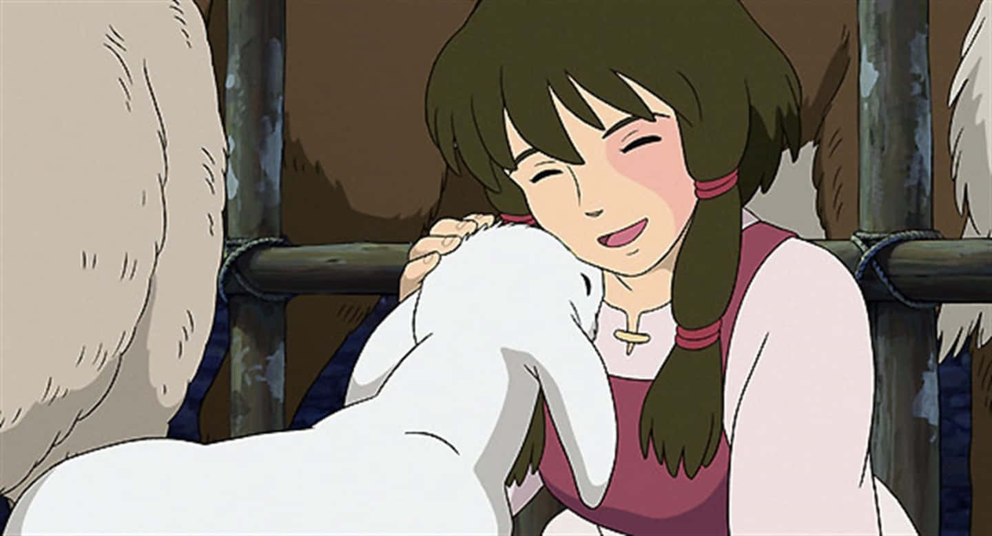 Tales From Earthsea 桌布 壁紙 — 一個紮辮子的開心動畫女孩在質樸的木圍欄內溫柔地擁抱一隻白色小羊。
