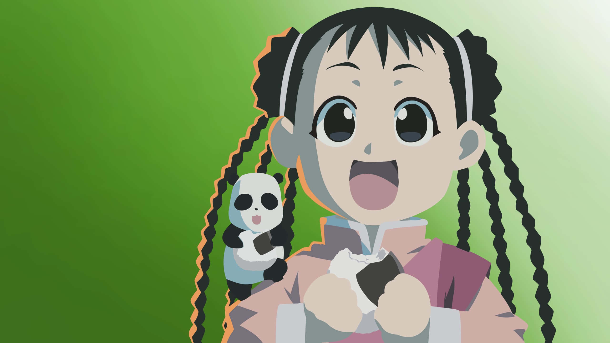 May Chang 桌布 壁紙 — 一個紮辮子的開朗動漫女孩，在柔和的綠色漸變背景前抱著熊貓毛絨玩具。