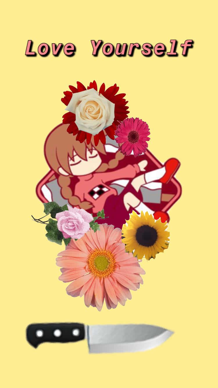Soft Girl Aesthetic 桌布 壁紙 — 一個紮辮子的開朗動漫女孩坐在色彩繽紛的花朵中，下方有一把廚房刀，背景為黃色。
