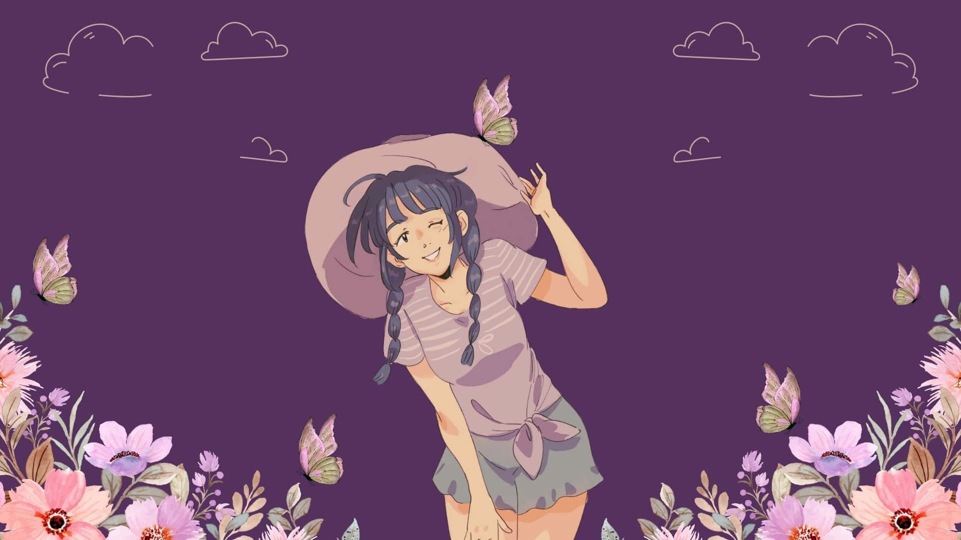女孩 桌布 壁紙 — 一個紮辮子的開朗動漫女孩微笑著，蝴蝶在她周圍飛舞，背景是紫色天空，周圍有花卉邊框。