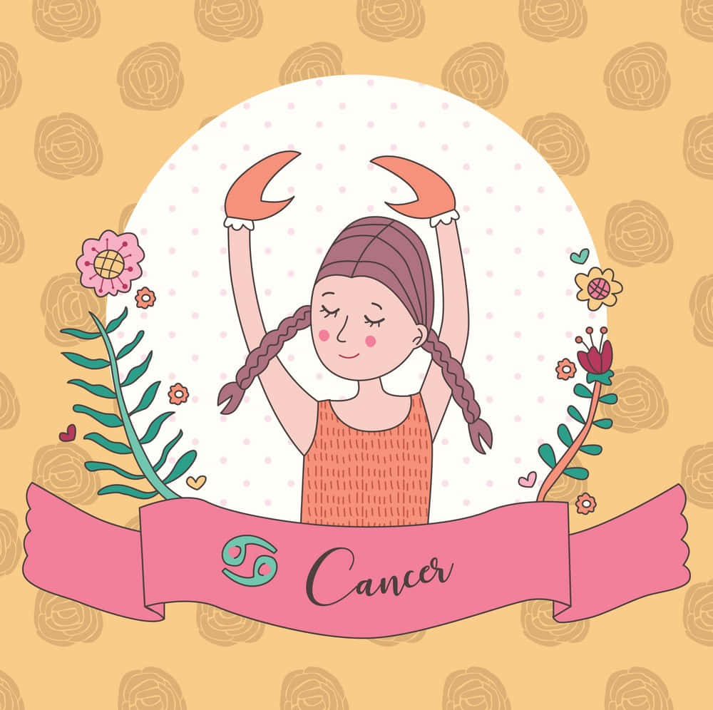 Polka Dot 桌布 壁紙 — 一個紮辮子的開朗卡通女孩，在鮮花和寫有「巨蟹座」的粉紅色橫幅環繞下，將蟹鉗高舉過頭。