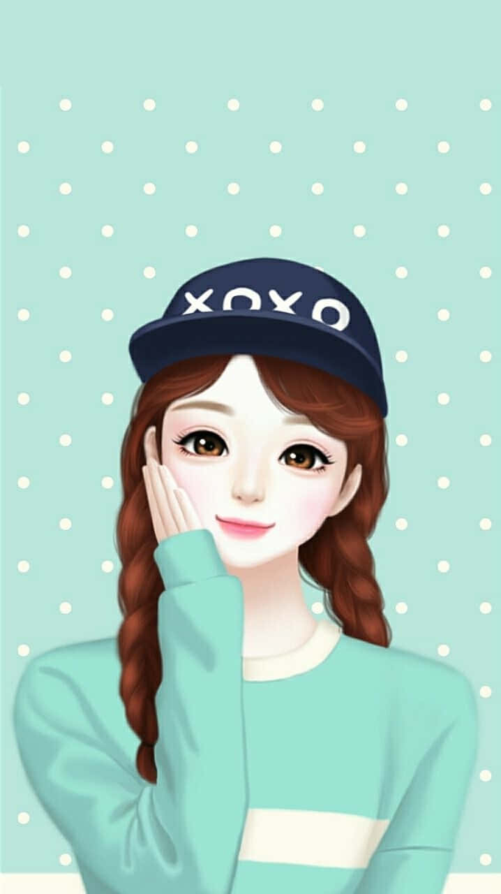 少女風 桌布 壁紙 — 一個紮辮戴帽的開朗動畫女孩，在薄荷綠色圓點背景上托腮微笑。