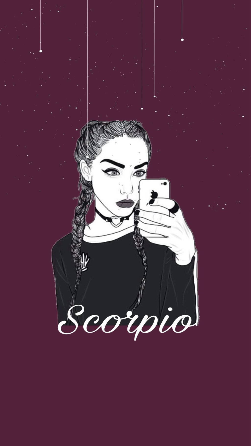 Scorpio 桌布 壁紙 — 一個紮辮的風格化女孩在星塵酒紅色背景前自拍，背景有懸掛的天體線條，下方有Scorpio字樣。