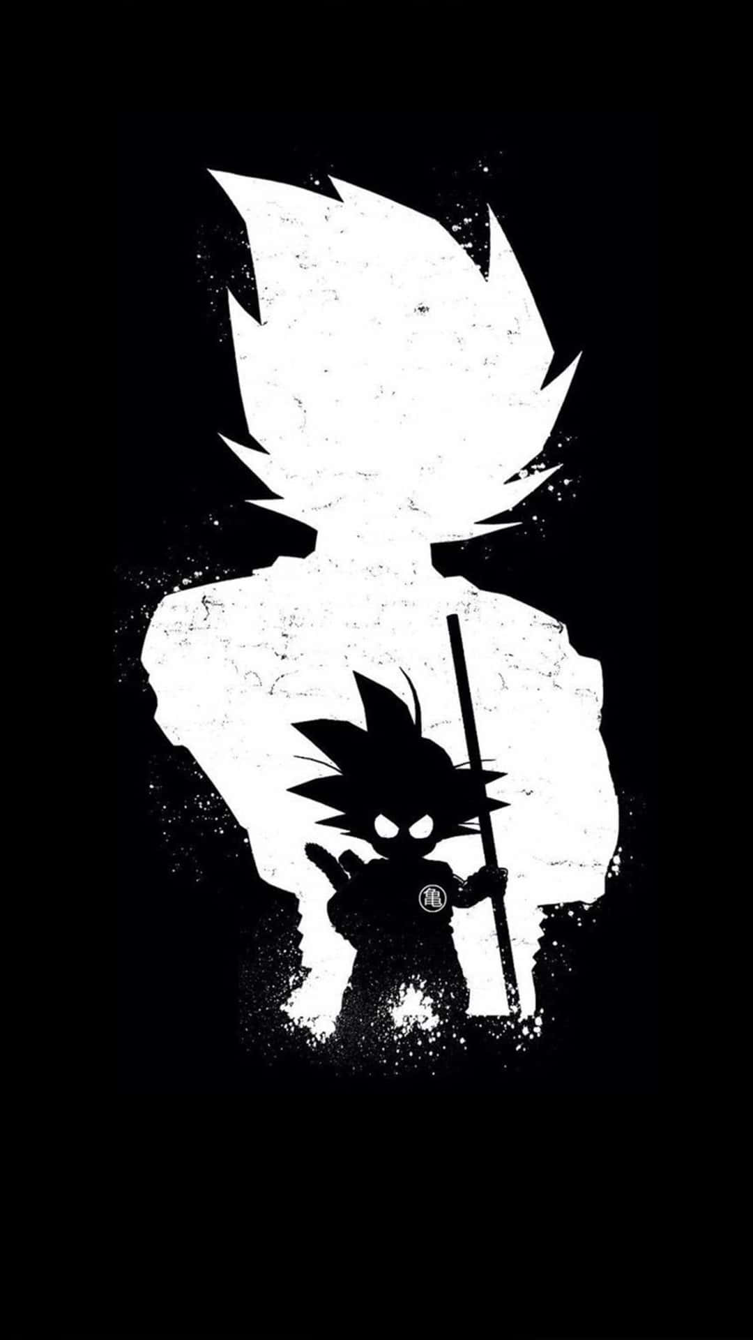 Dragon Ball iPhone 桌布 壁紙 — 一個細小動漫角色手持法杖的鮮明黑白剪影，站在一個更大、褪色的自己面前。