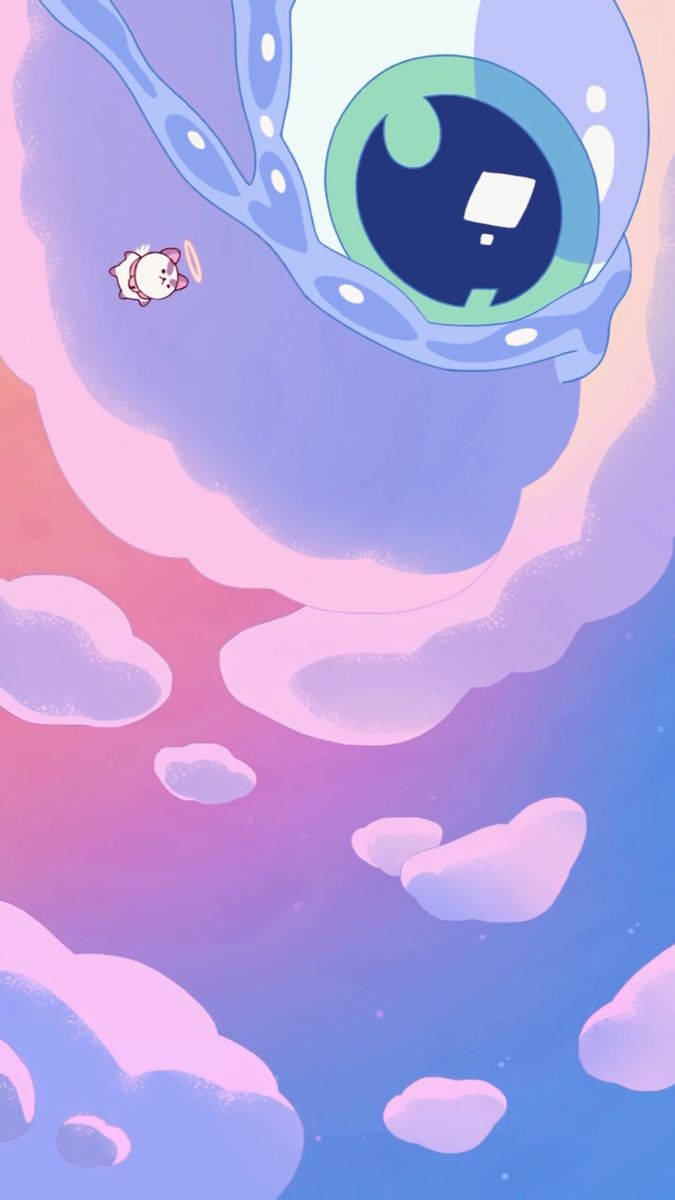 Cartoon 桌布 壁紙 — 一個細小可愛的角色在夢幻天空中，於一隻巨大寧靜的眼睛下，在柔和的粉彩雲朵之間平靜地漂浮。