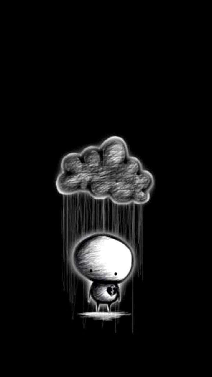 雲朵 桌布 壁紙 — 一個細小圓形的生物站在發光的雲層下，雲層正對它降雨，背景為黑色。