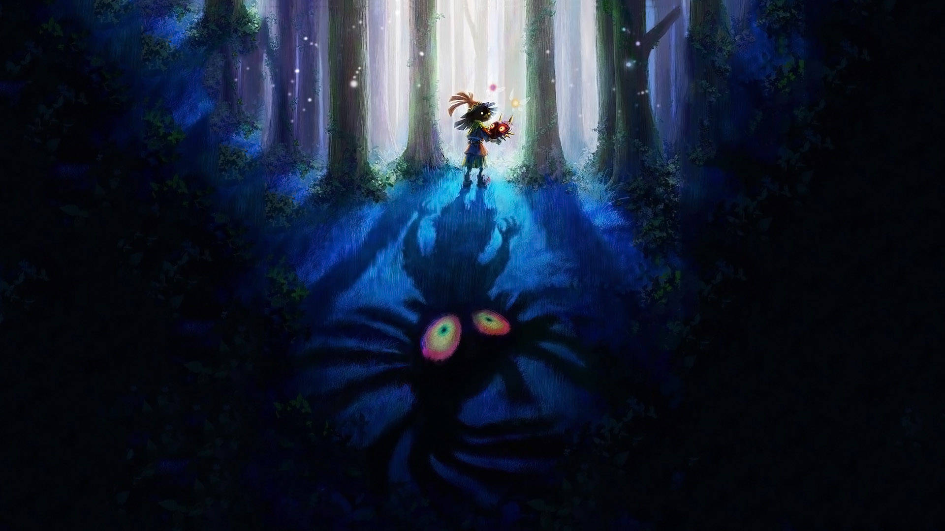 Majora's Mask 桌布 壁紙 — 一個細小發光的人物站在深藍色森林中，面對一個巨大的陰影生物，牠有發光的眼睛。