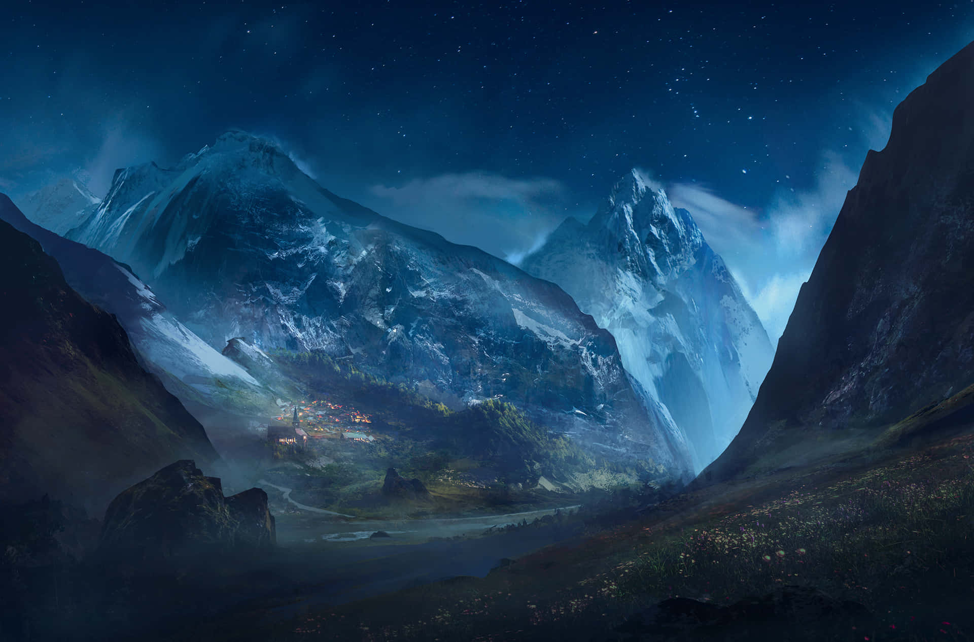風景 桌布 壁紙 — 一個細小發光的村莊坐落在星光燦爛的山谷中，上方是廣闊的深藍色天空。