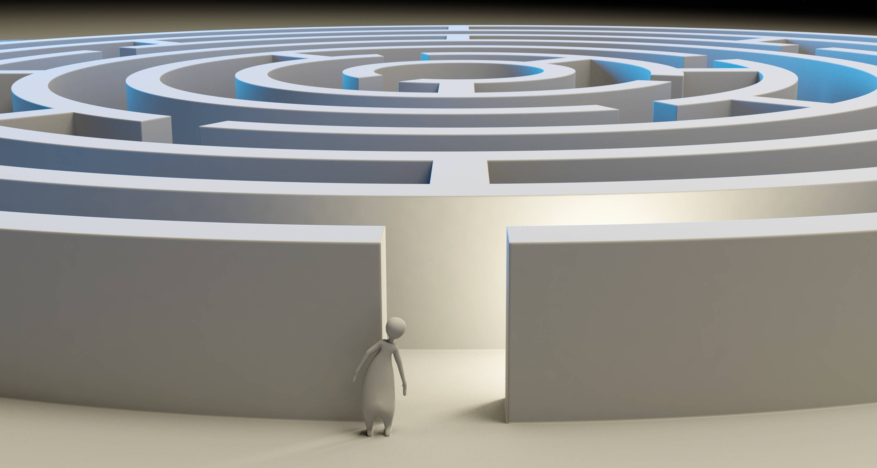 3D 桌布 壁紙 — 一個細小的3D人偶站在一個廣闊的白色迷宮入口，迷宮有藍色發光的牆壁，在柔和燈光下。