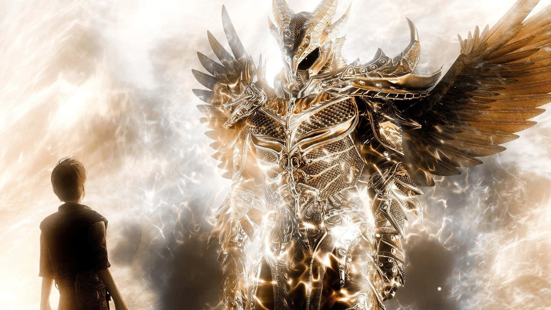 Skyrim Daedric 桌布 壁紙 — 一個細小的人影在一個高聳的金色裝甲天使面前，敬畏地站立，天使展開翅膀，背景是光芒四射的多雲天空。