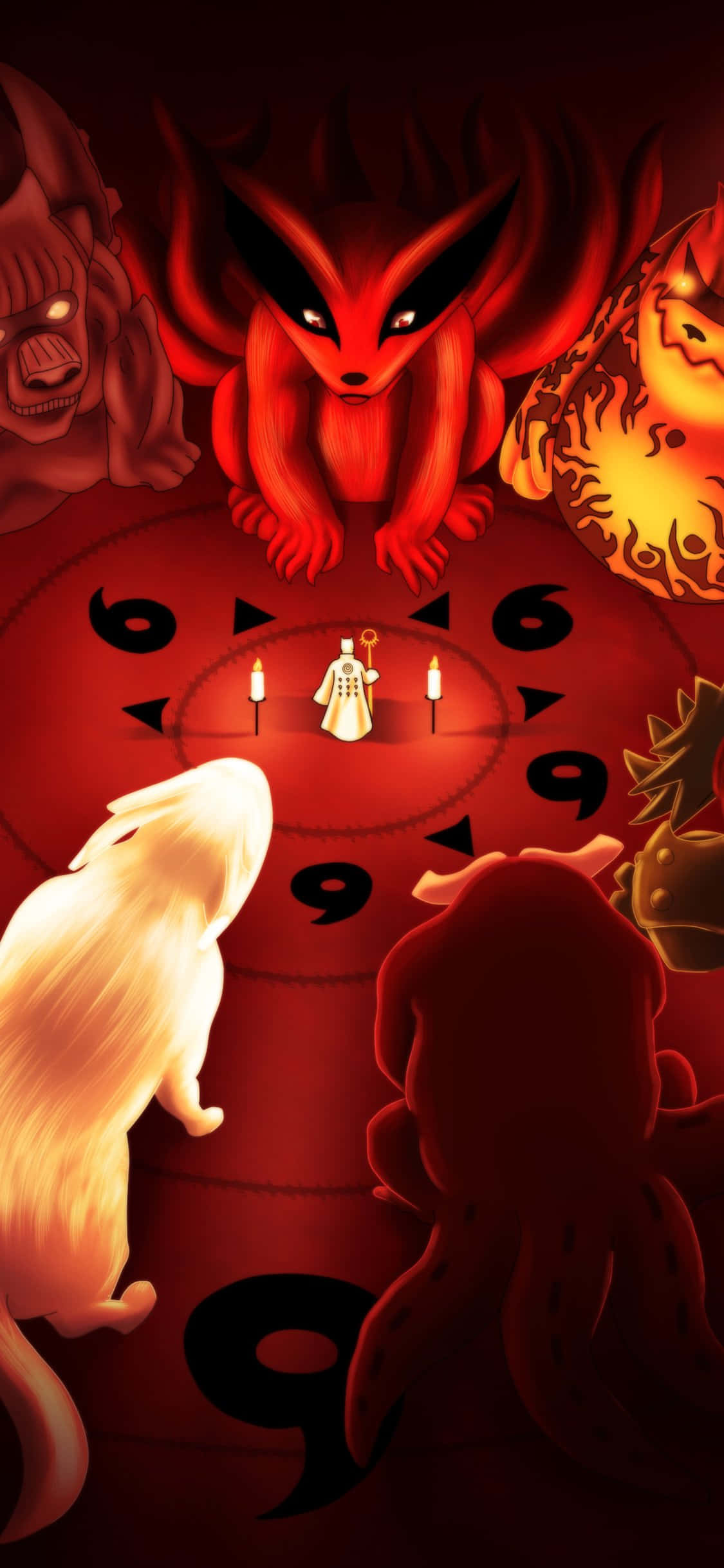 Sage Of Six Paths 桌布 壁紙 — 一個細小的人物站在一個發光的紅色九尾狐前面，周圍有惡魔實體在時鐘面上。