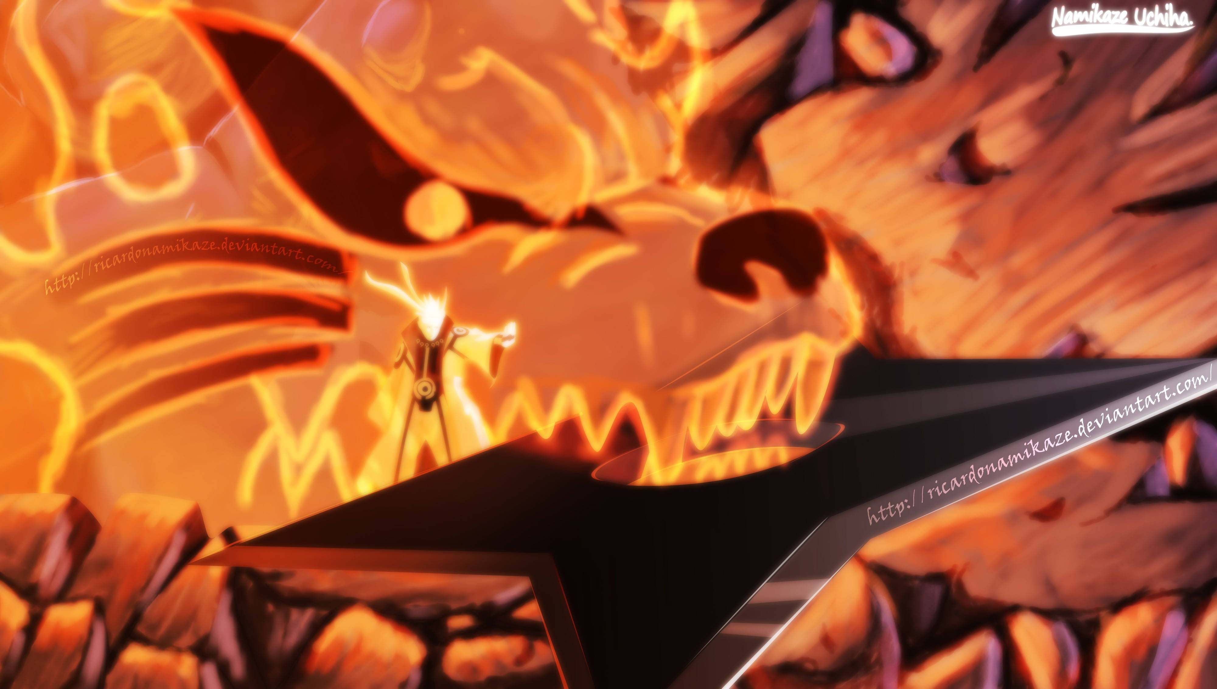 Naruto Nine Tails 桌布 壁紙 — 一個細小的人物站在一隻巨大的火焰狐狸面前，狐狸擁有發光的眼睛和鋒利的牙齒，以動漫風格呈現。