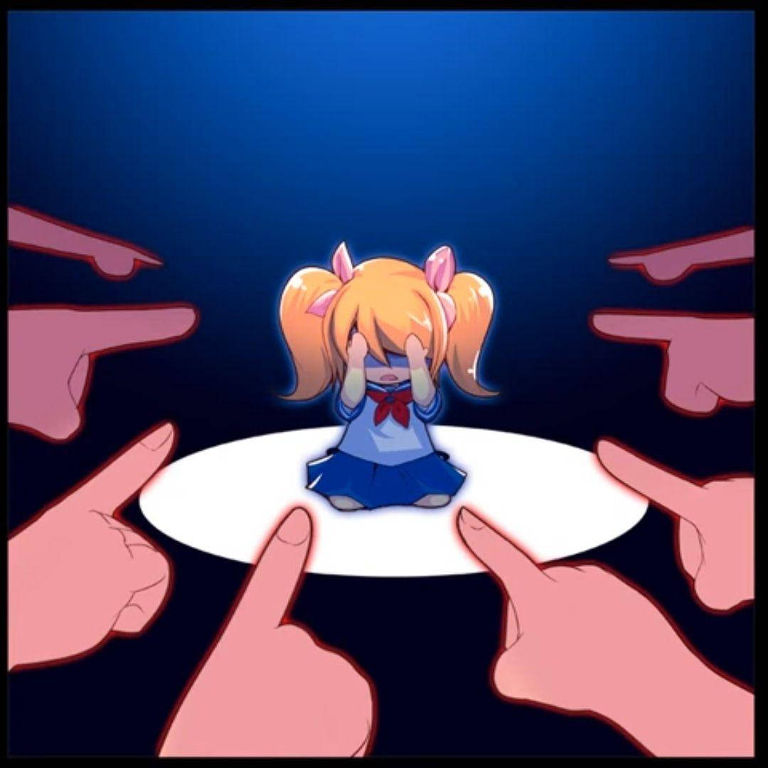 Yandere 桌布 壁紙 — 一個細小的動漫女孩穿著校服，在深藍色背景下，多隻手指責性地指向她，她隱藏著自己的臉。