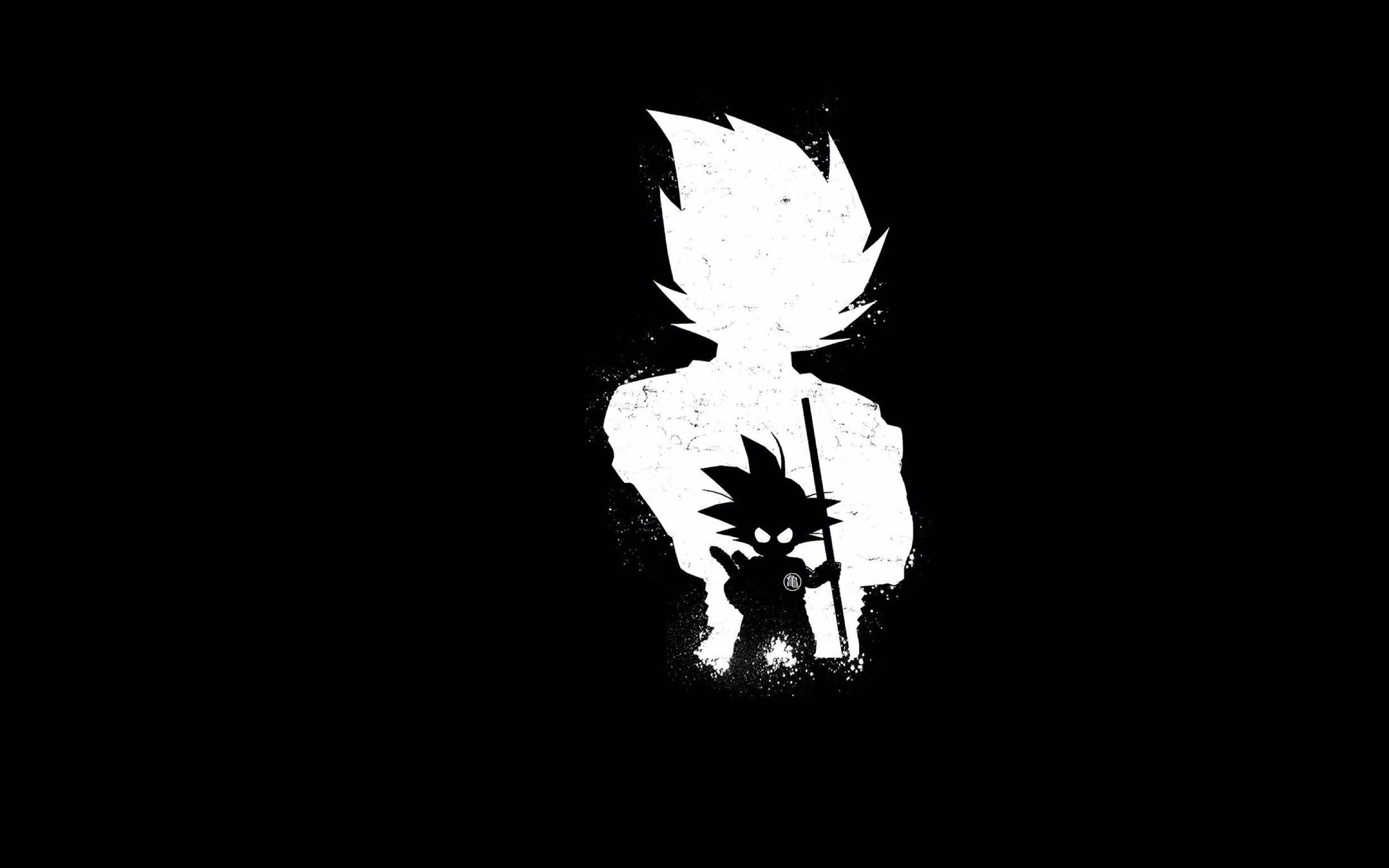 shadow 桌布 壁紙 — 一個細小的動漫戰士手持法杖，站在一個更大、散發光芒、頭髮尖刺的人物面前的鮮明黑白剪影。