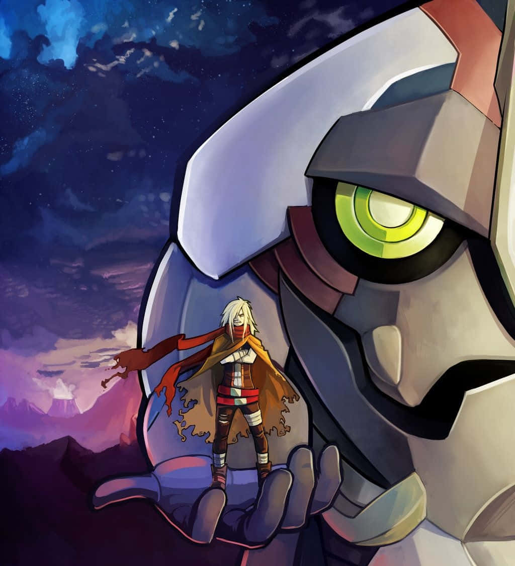 Gurren Lagann Viral 桌布 壁紙 — 一個細小的動畫戰士站在巨型機器人的手掌上，背景是佈滿星星的暮色天空，帶有紫色和藍色的雲彩。