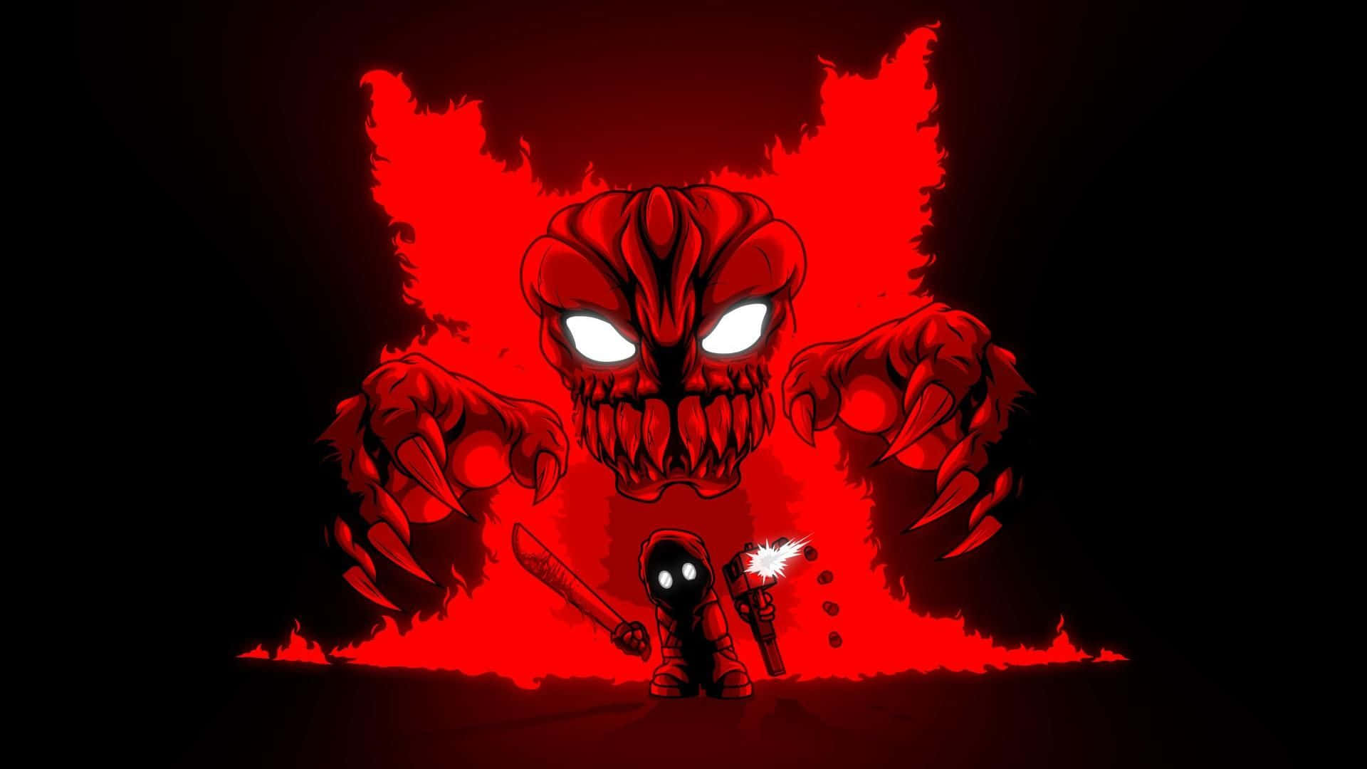 Madness Combat 桌布 壁紙 — 一個細小的戰士，有著發光的眼睛和火花四濺的武器，挑釁地站在一個高大的紅色惡魔面前，這個惡魔有著發光的白色眼睛和爪狀的手。