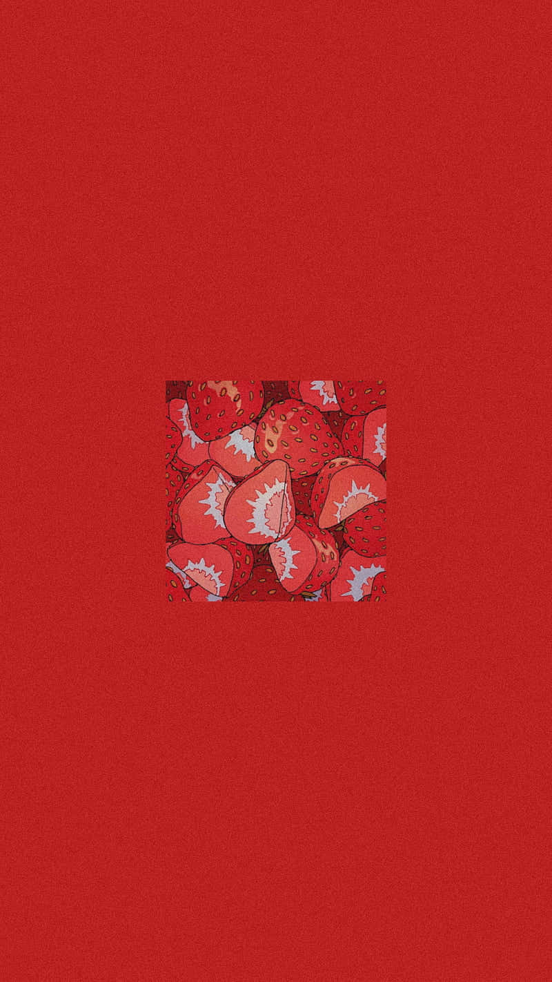 Soft Red Aesthetic 桌布 壁紙 — 一個細小的插圖草莓正方形位於純色紋理紅色背景的中心。