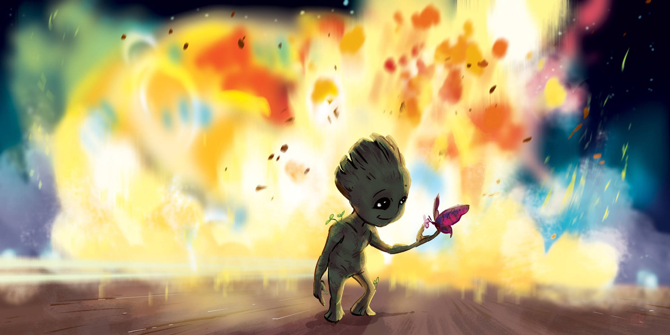 Baby Groot 桌布 壁紙 — 一個細小的樹狀生物在充滿活力的宇宙爆炸背景下，溫柔地捧著一隻粉紅色的蝴蝶。