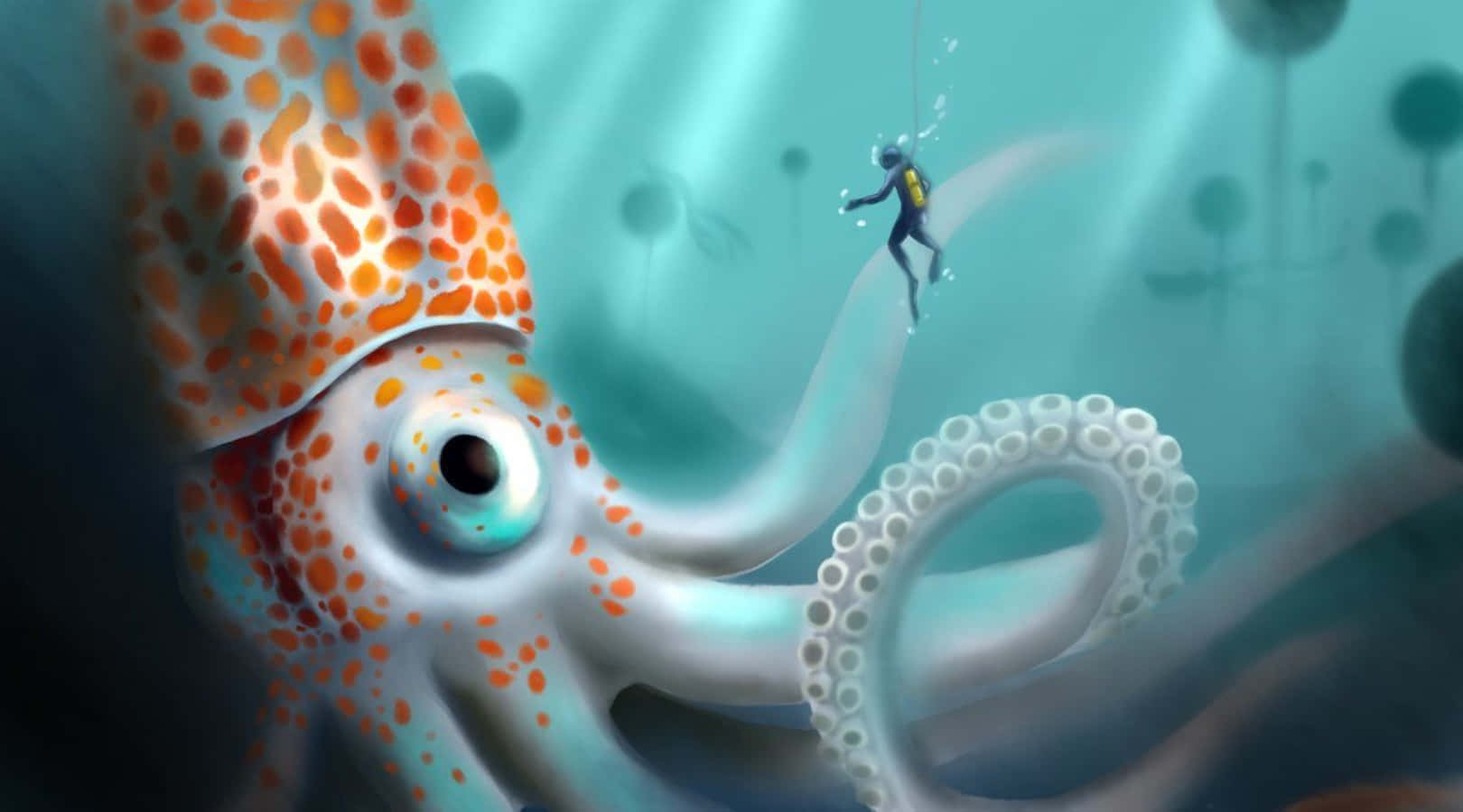 squid 桌布 壁紙 — 一個細小的水肺潛水員在超現實的藍綠色水下場景中漂浮在一隻巨大的斑點魷魚附近。