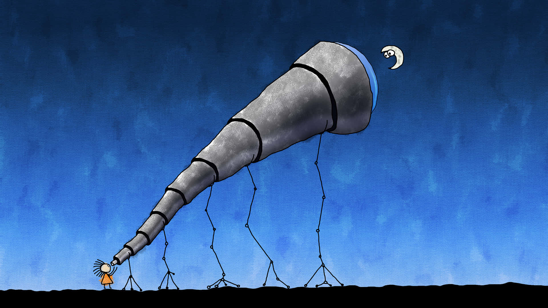Cartoon 桌布 壁紙 — 一個細小的火柴人站在一個巨大的有腳望遠鏡前，指向深藍色夜空中的微笑新月。