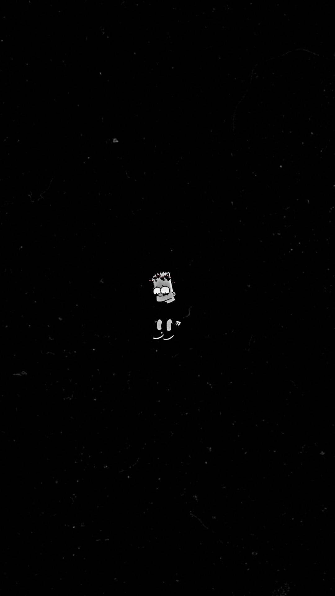 巴特·辛普森在黑暗的星空虛空中漂浮，帶有顆粒質感。 — 黑屏 壁紙
