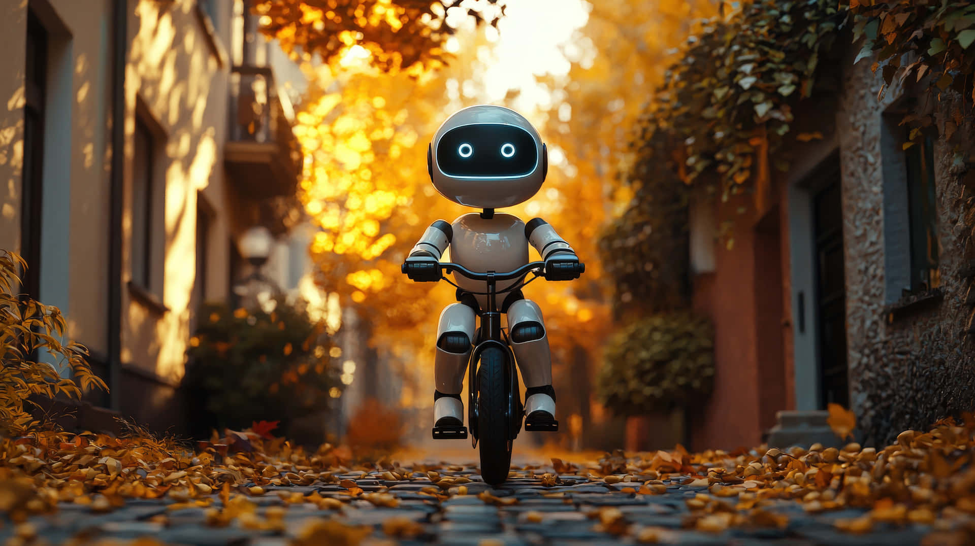 Adorable Robot Riding Bike on Autumn Street 壁紙 — 一個細小的白色機器人，有著發光的藍色眼睛，騎著腳踏車沿著一條鋪滿金色秋葉的鵝卵石小巷行駛。