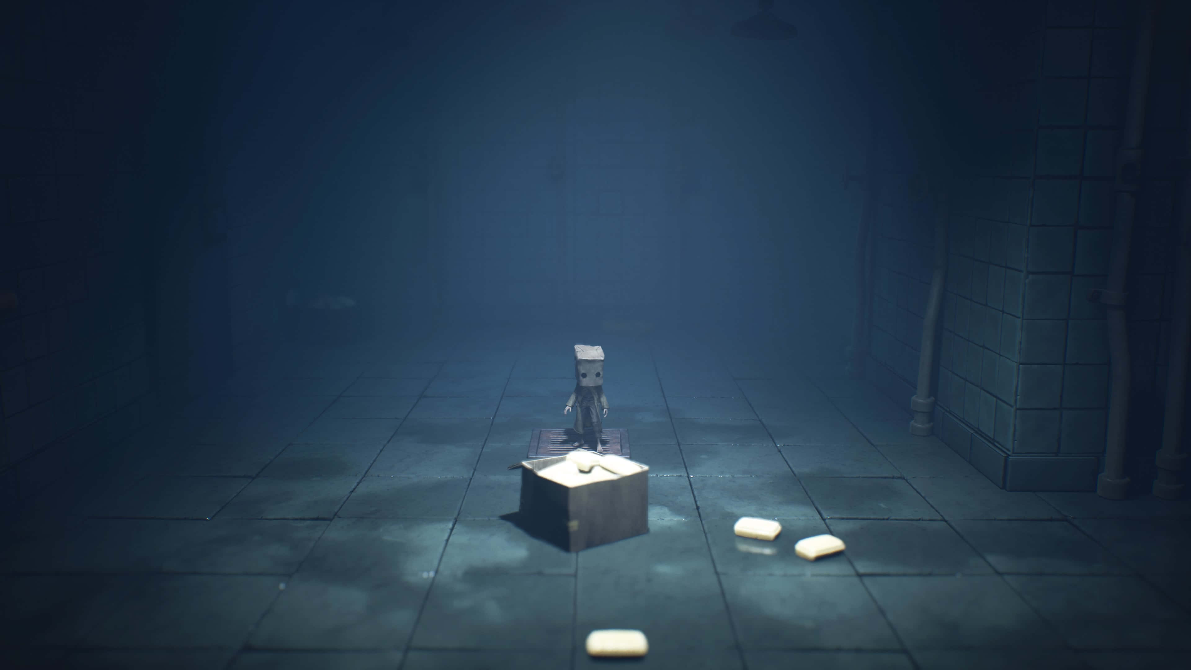 Little Nightmares 4K 桌布 壁紙 — 一個細小的紙狀人物獨自站在昏暗的石頭走廊中，被一個聚光燈照亮，投射出長長的陰影。