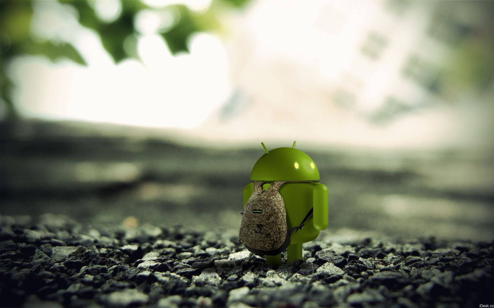 Android Desktop 桌布 壁紙 — 一個細小的綠色Android公仔揹著背包，在柔和自然光下站在碎石上，背景有模糊的樹葉。