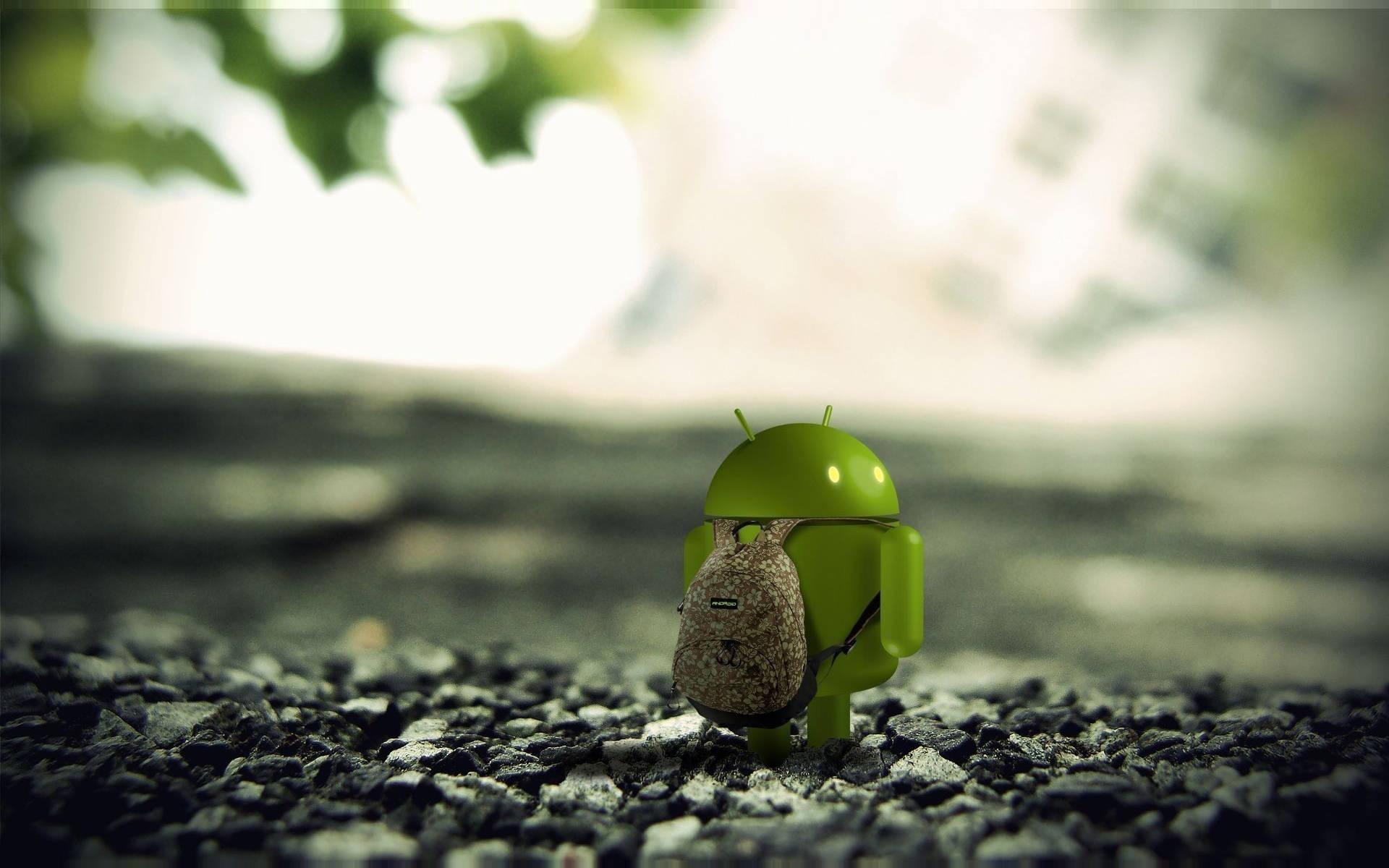 安卓 桌布 壁紙 — 一個細小的綠色Android公仔揹著背包，站在碎石上，柔和自然光下，背景有模糊的樹葉。