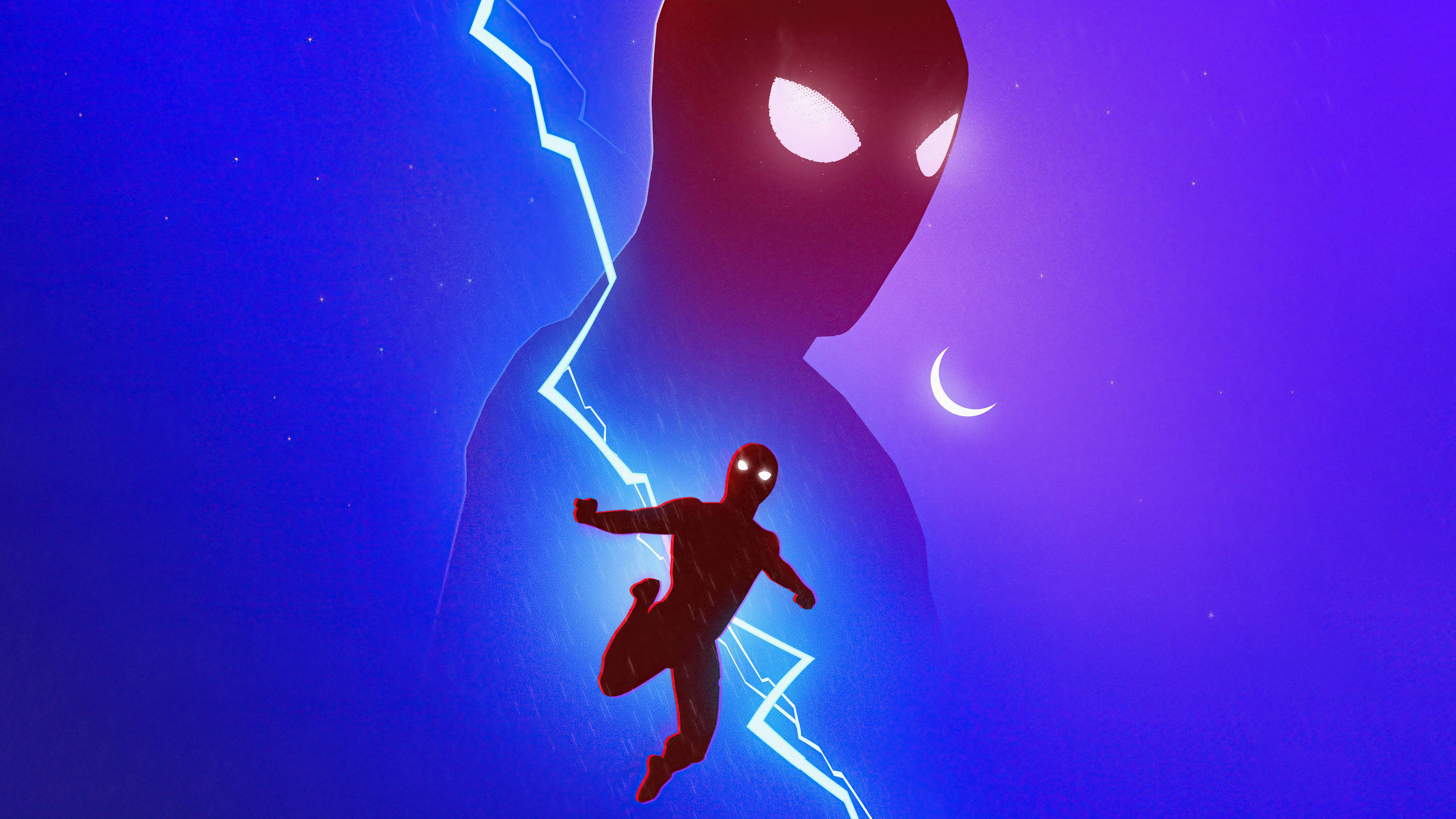 Spider Man No Way Home 桌布 壁紙 — 一個細小的蜘蛛人剪影在一個帶有新月、巨大的發光蜘蛛人頭部下方的宇宙紫藍色天空中搖擺。