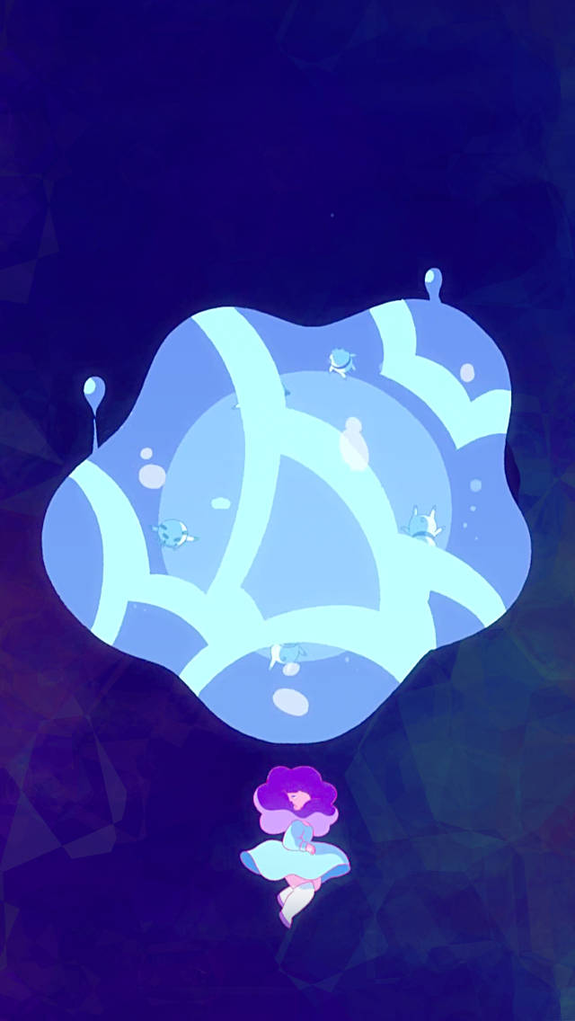 Bubble 桌布 壁紙 — 一個細小紫色頭髮的人物在黑暗幾何水下場景中漂浮在發光藍色水母狀生物下面。