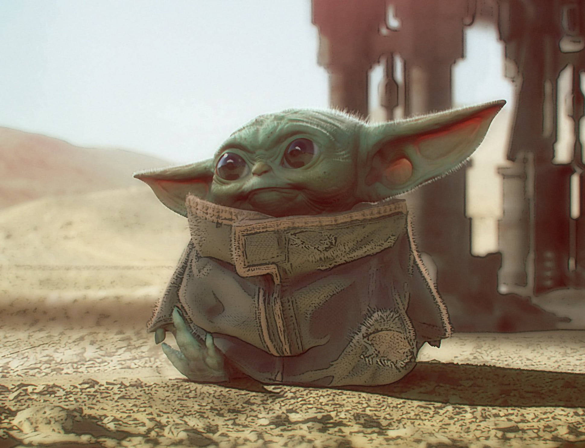 Mandalorian And Baby Yoda 桌布 壁紙 — 一個細小綠色外星人，有大耳朵，坐在沙漠中，穿著破爛斗篷，若有所思。