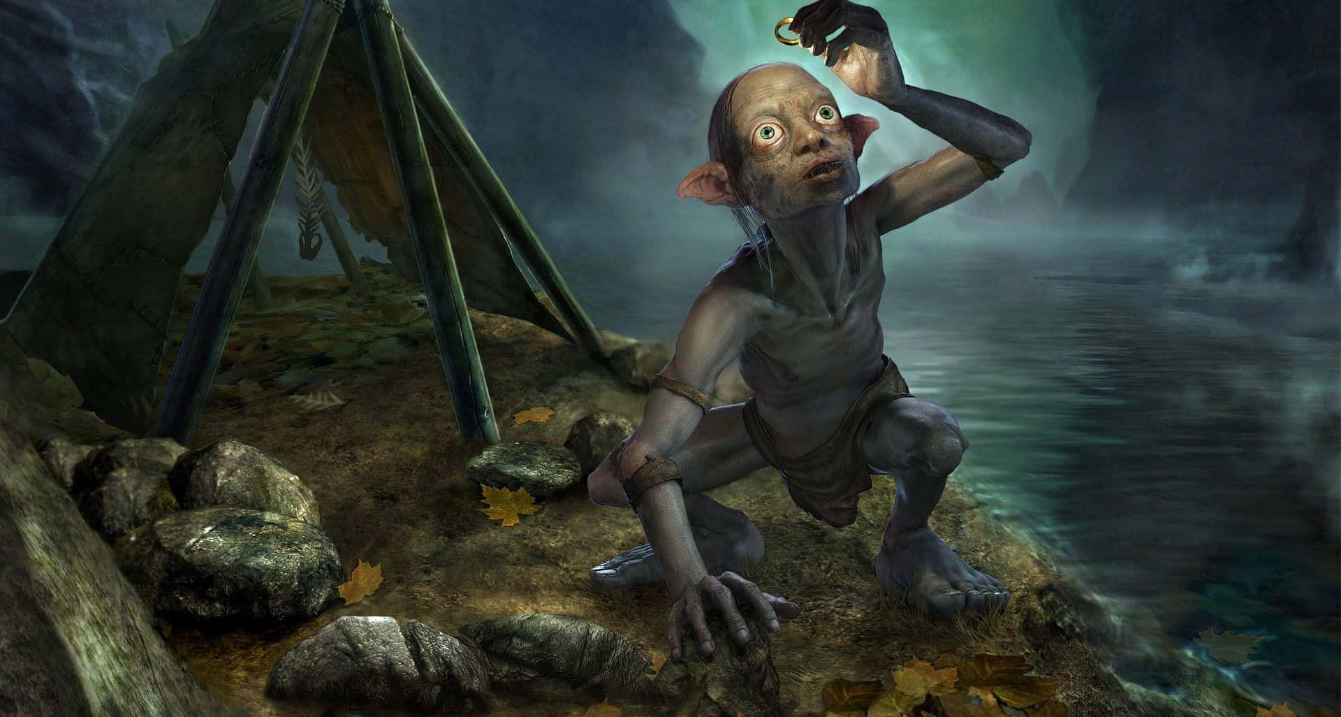 Gollum 桌布 壁紙 — 一個細小蒼白的生物，有大眼睛，跪在河邊，手持戒指，附近有一個帳篷，在黑暗的天空下。