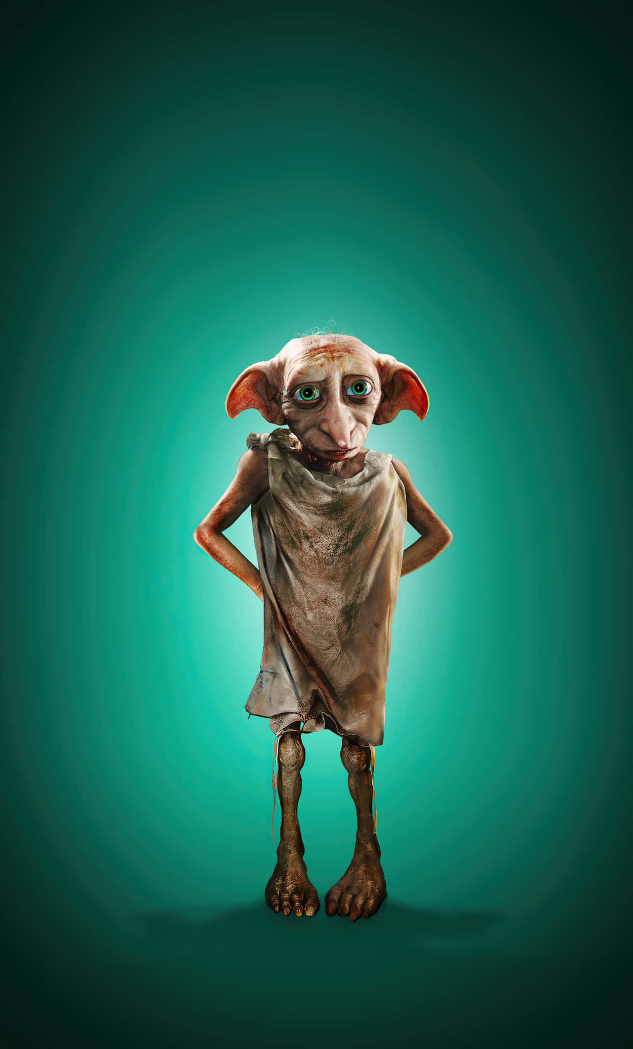 Harry Potter Dobby 桌布 壁紙 — 一個細小蒼白的生物，有大耳朵和綠色眼睛，自信地站在藍綠色漸變背景前。
