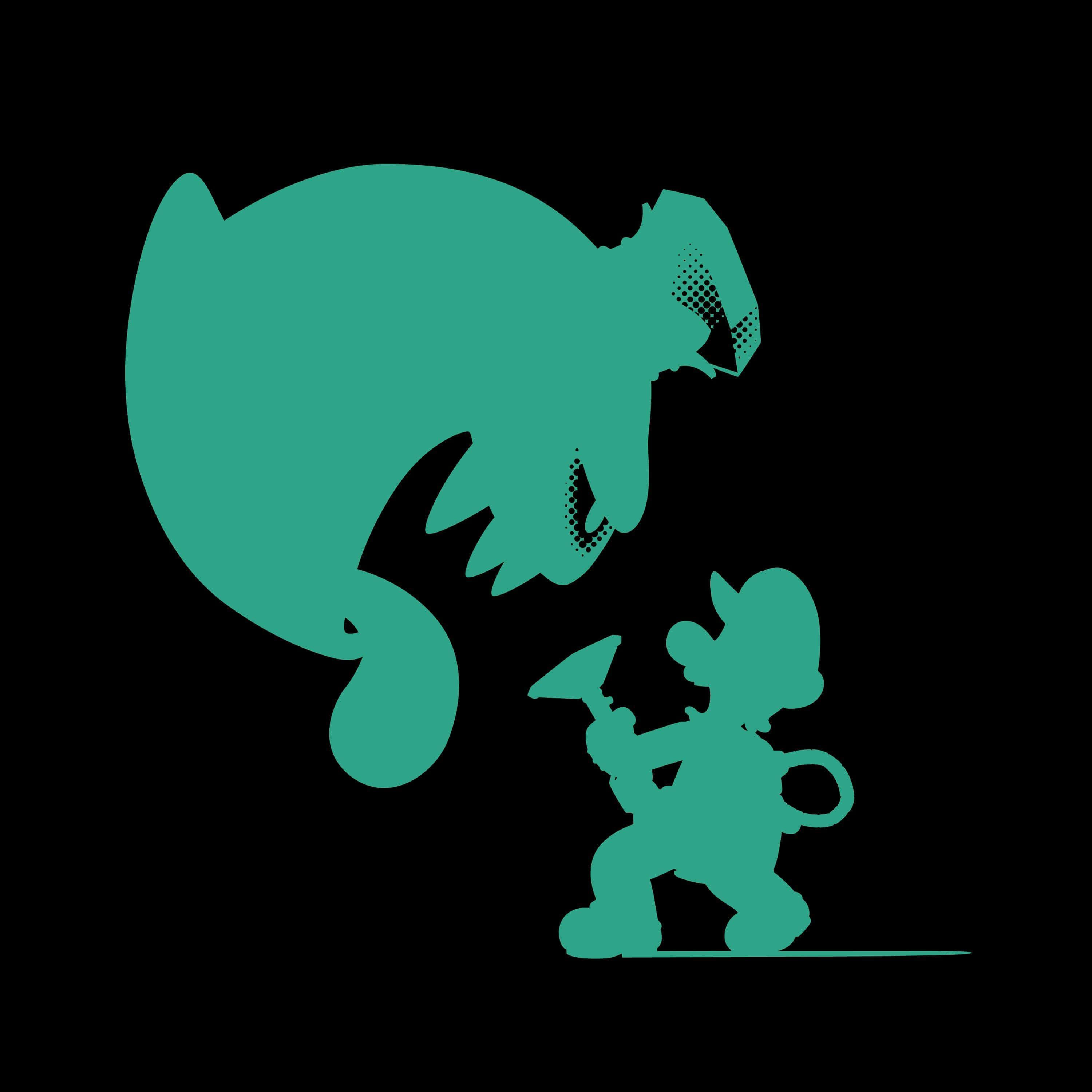 King Boo 桌布 壁紙 — 一個細小角色面對一隻巨大、具威脅性、類似恐龍的生物的青色剪影，背景為黑色。