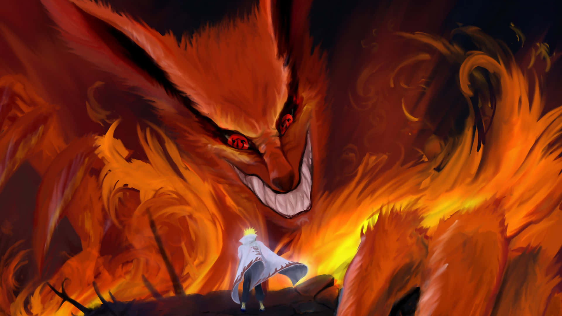 Cool Anime Fox 桌布 壁紙 — 一個細小身影站在一隻巨大、燃燒的九尾狐面前，狐狸的眼睛發出紅光，場景黑暗而激烈。