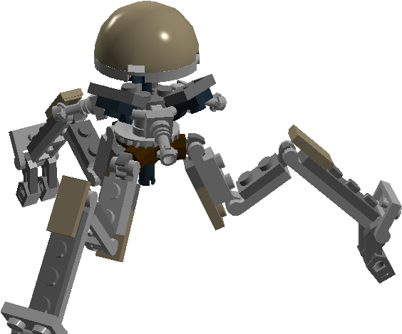 Droid 桌布 壁紙 — 一個細節豐富的LEGO機器人，擁有圓頂頭部和關節肢體，矗立在純黑色背景前。