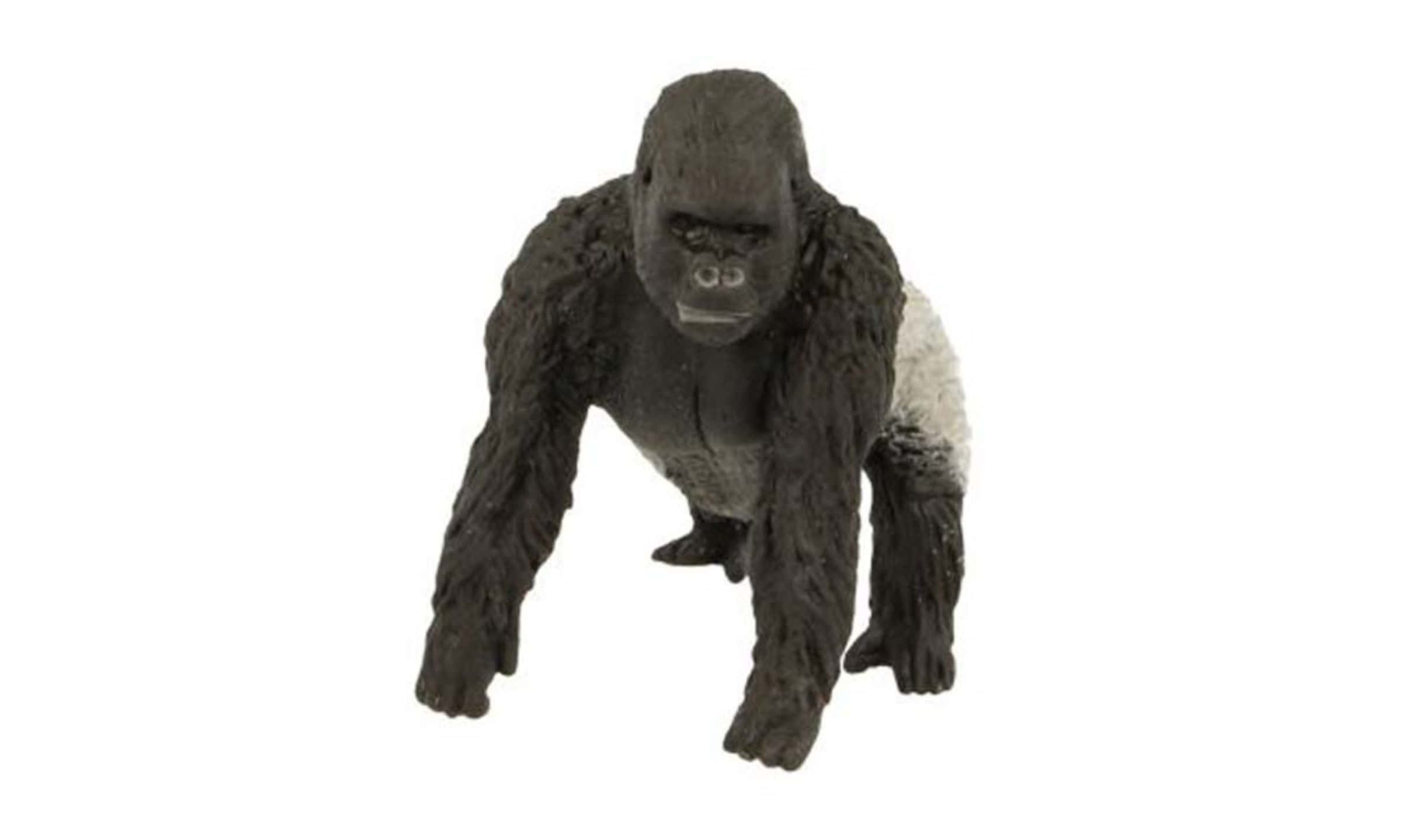 2440x1440 Gorilla 桌布 壁紙 — 一個細節豐富的塑膠玩具大猩猩公仔，擁有深色毛髮和白色胸部，站在純白色背景前。