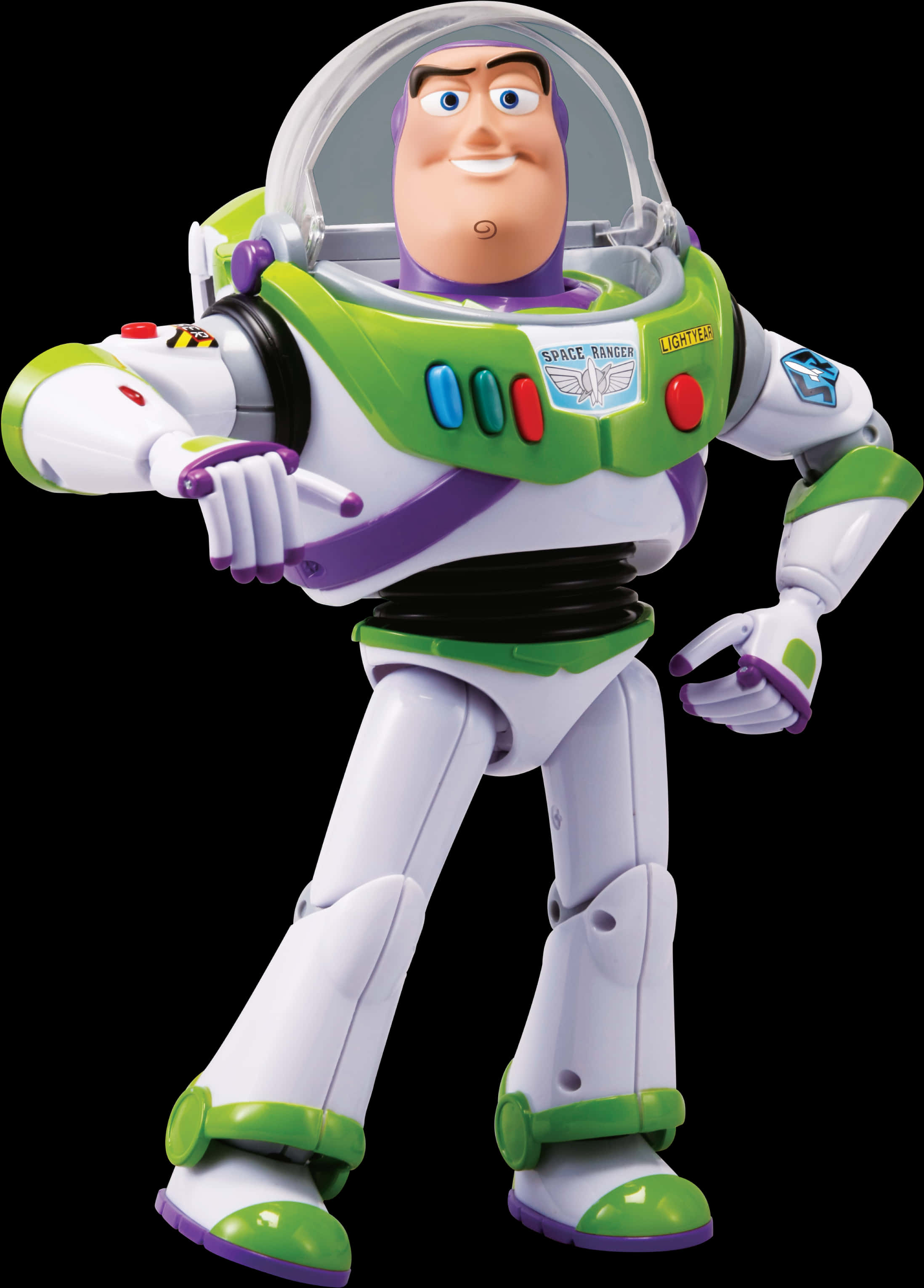 Toy Story Characters 桌布 壁紙 — 一個細節豐富的巴斯光年玩具人偶，身穿標誌性的綠色、白色和紫色太空騎警服，在黑色背景前自信地指向前方。