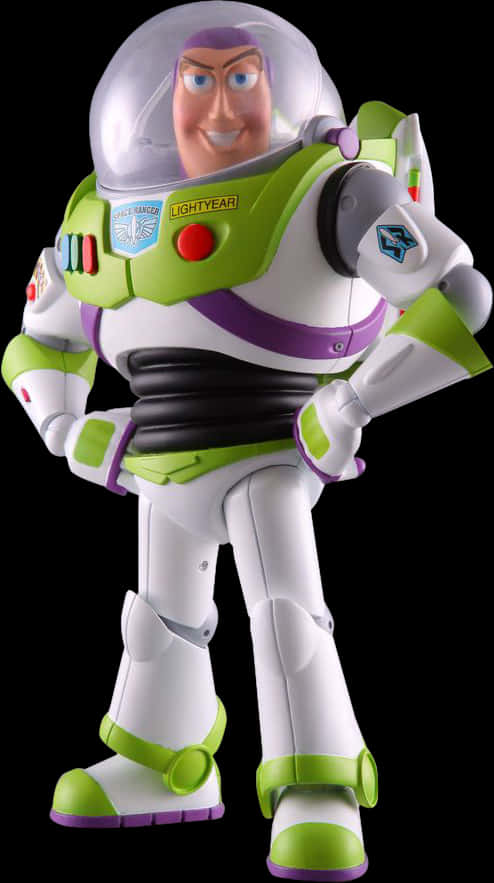 Toy Story Characters 桌布 壁紙 — 一個細節豐富的巴斯光年玩具人偶，穿著他標誌性的綠色、白色和紫色太空巡邏員服裝，背景為黑色。