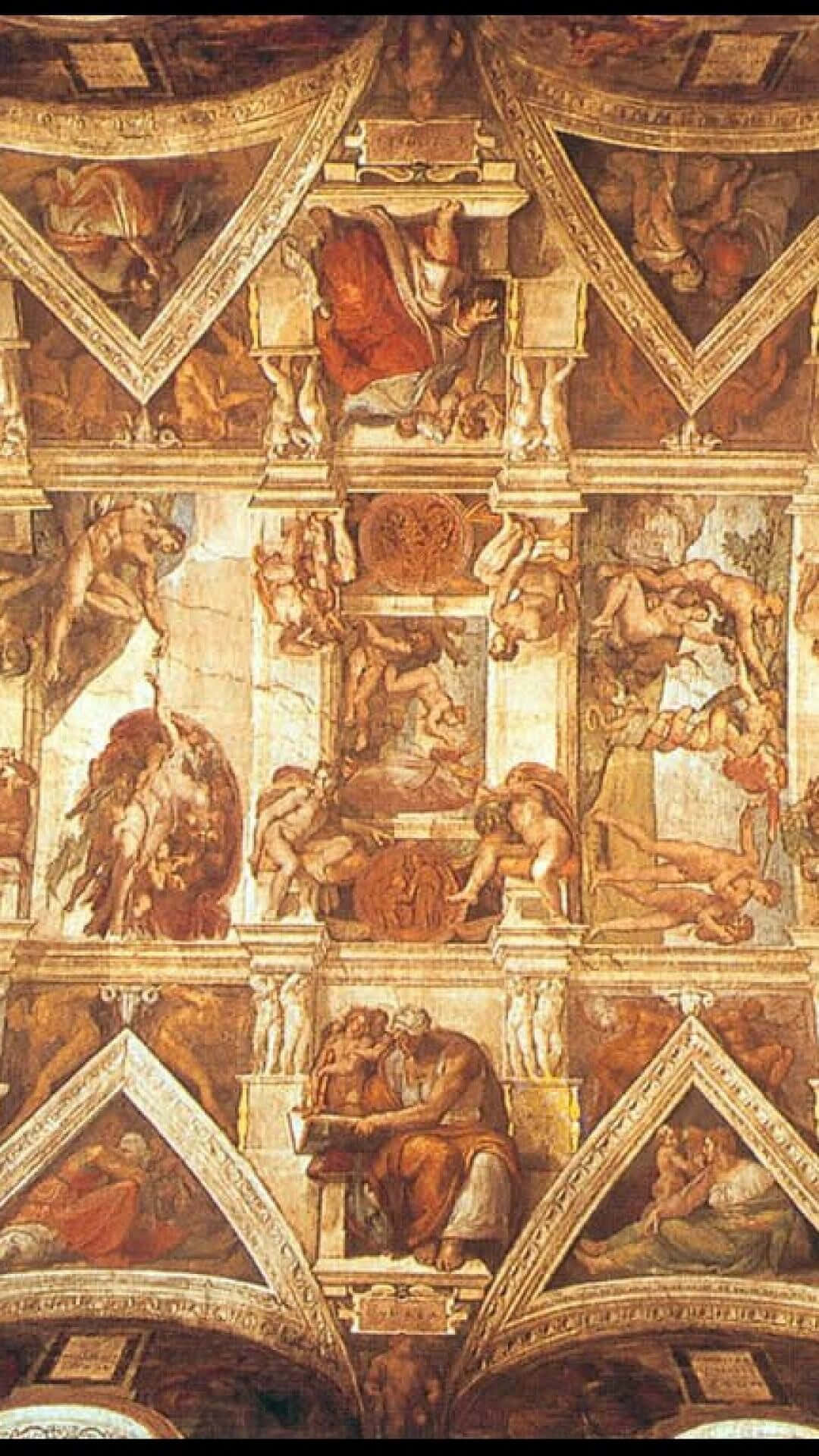 Michelangelo 桌布 壁紙 — 一個細節豐富的文藝復興濕壁畫天花板，描繪了動態姿勢的神話人物，並以華麗的建築元素框住。