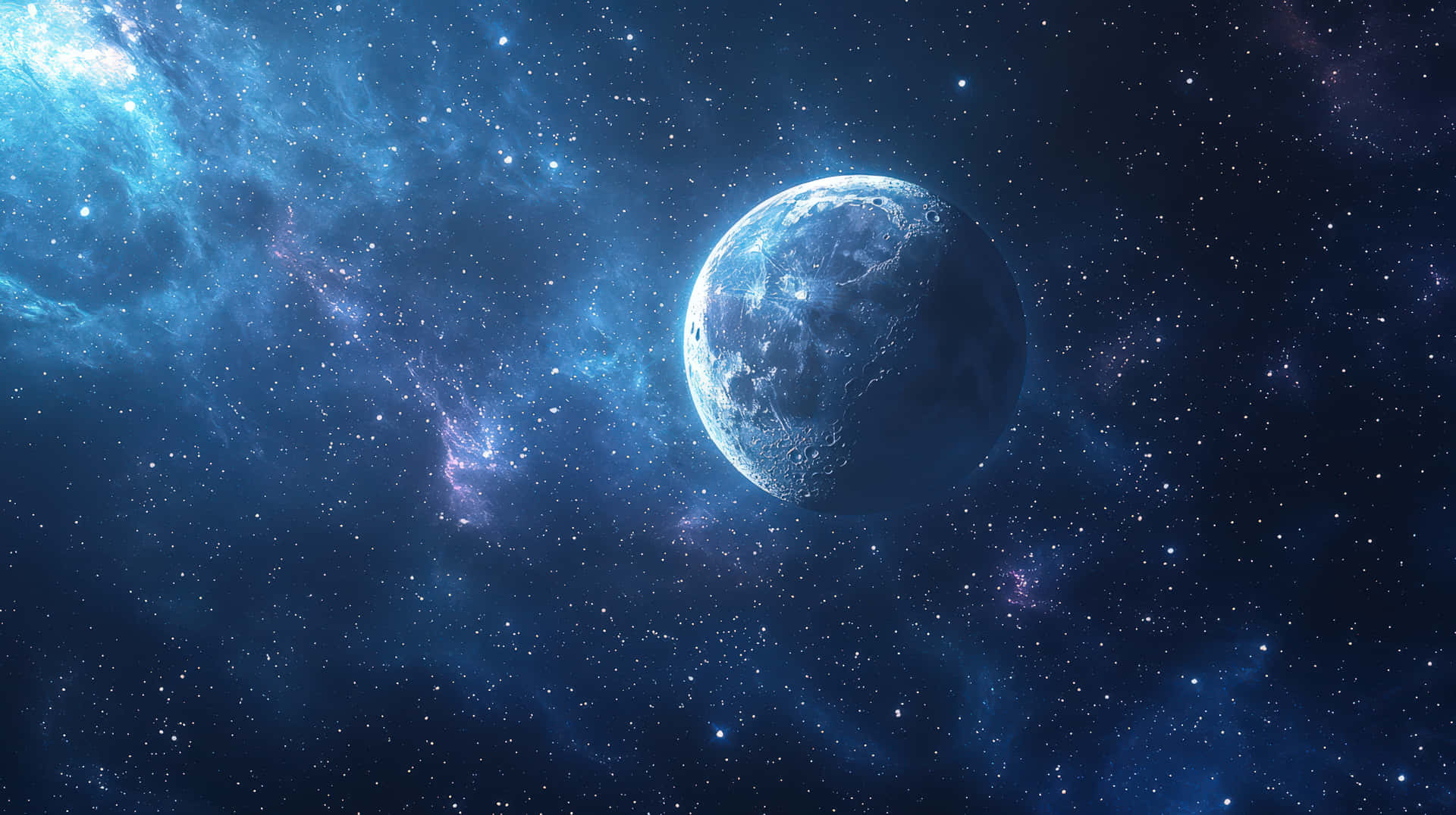 A breathtaking image of a glowing blue planet surrounded by distant stars and cosmic nebulae 壁紙 — 一個細節豐富的月亮在點綴著閃爍星星的充滿活力的藍色星雲中寧靜地漂浮。