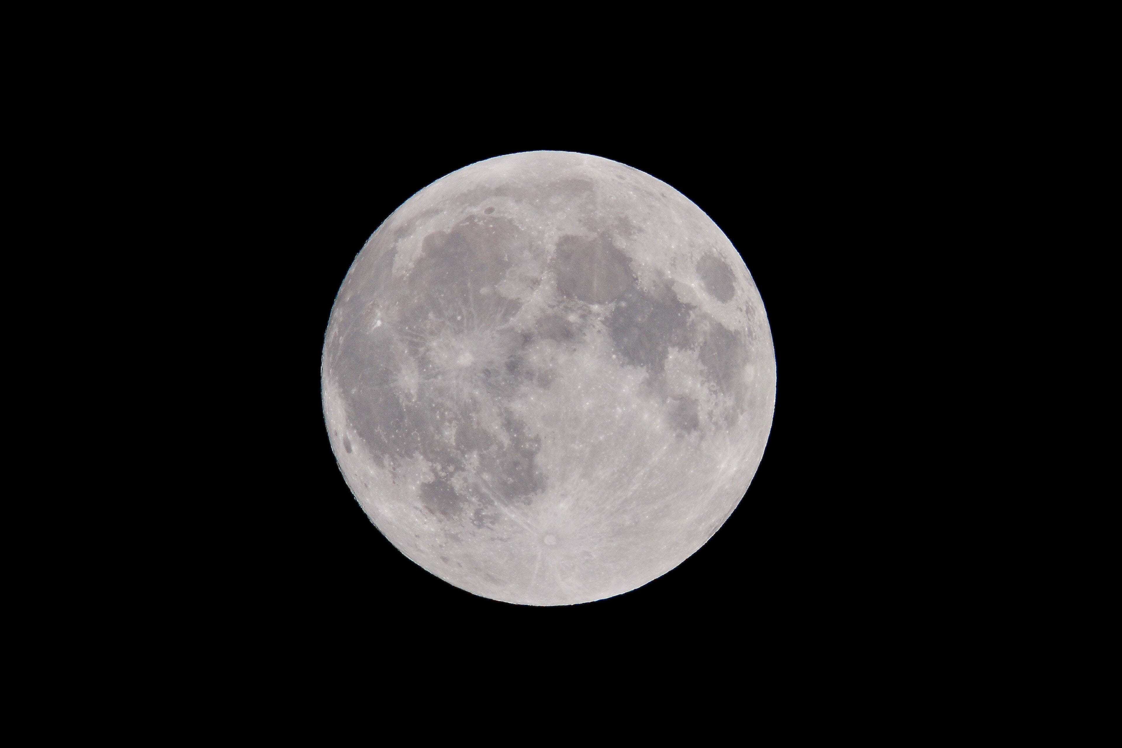 full moon 桌布 壁紙 — 一個細節豐富的滿月，可見隕石坑和月海，在漆黑天空中柔和發光。